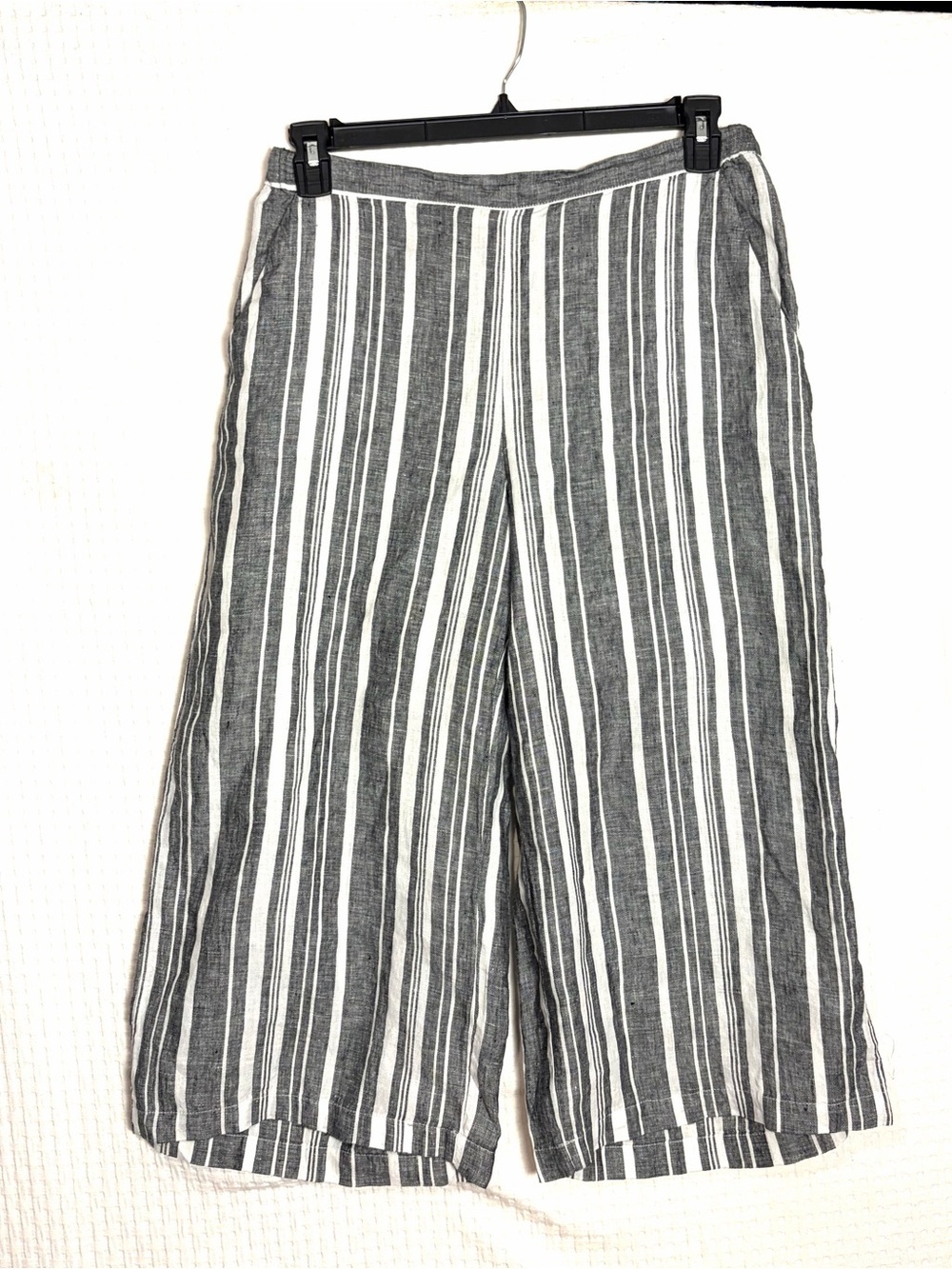 Ellen Tracy 100% Linen Pants Wide Leg Striped Black White Pocket Pull On Size M